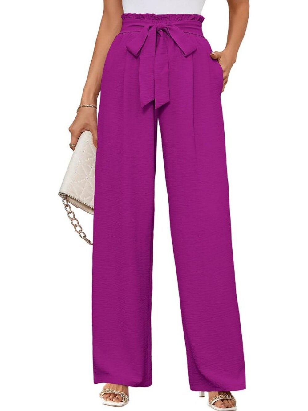 Women's Magenta Wide Leg Pant High Waisted Tie Knot Loose Comfy Casual Trouser